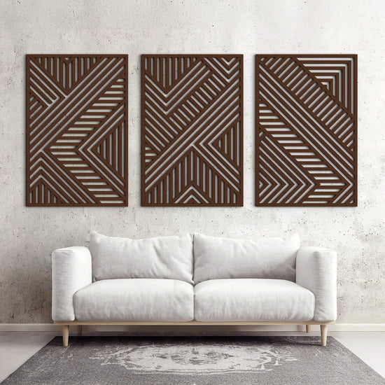 Three-panel geometric wood wall art set by VARBROS, modern minimalist CNC laser-cut wooden wall decor in natural wood finish.