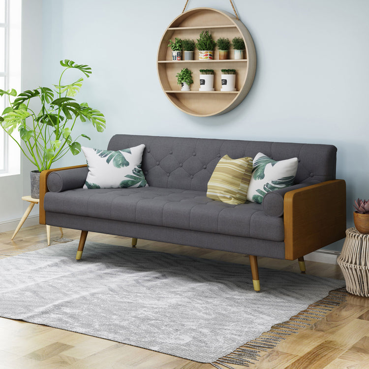 Grey fabric Aidan mid-century modern tufted sofa with plush cushions and sleek wooden legs.