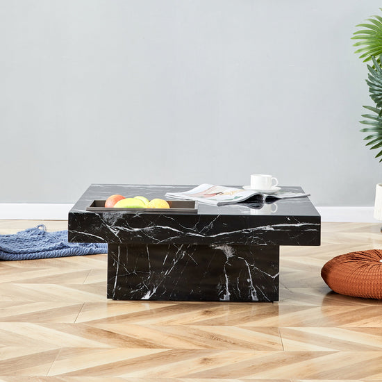 Modern black MDF round coffee table with minimalist pattern, 31.4 inches diameter, sleek and stylish for contemporary living spaces.
