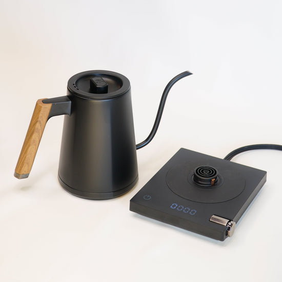 Turin Electric Pour Over Kettle by Espresso Outlet LLC with sleek black design and stainless steel spout, electric countertop kettle.
