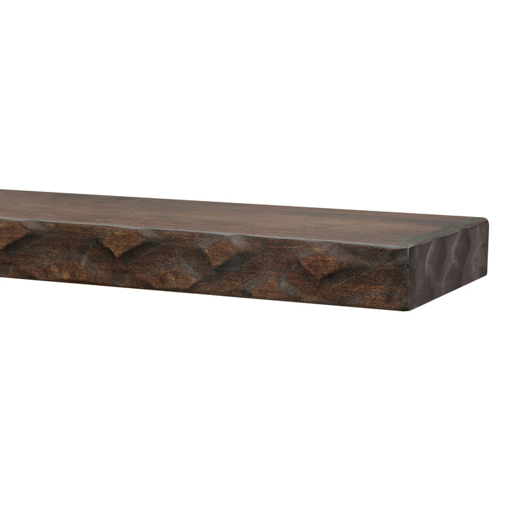 Dark chocolate-colored Hewn Kitchen floating shelf by Dogberrycollections, textured solid poplar wood, 24 to 72 inches long.