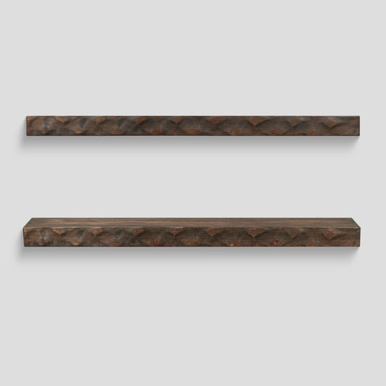 Hewn Kitchen floating shelf by Dogberrycollections in dark chocolate finish, hand-textured solid poplar, 24 to 72 inches long