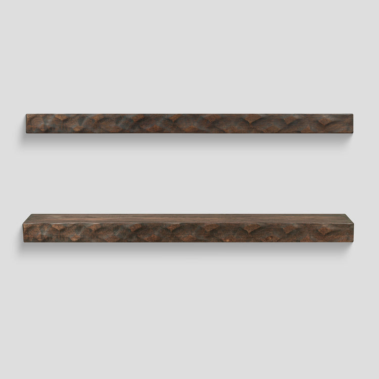 Hewn Kitchen floating shelf by Dogberrycollections in dark chocolate finish, hand-textured solid poplar, 24 to 72 inches long