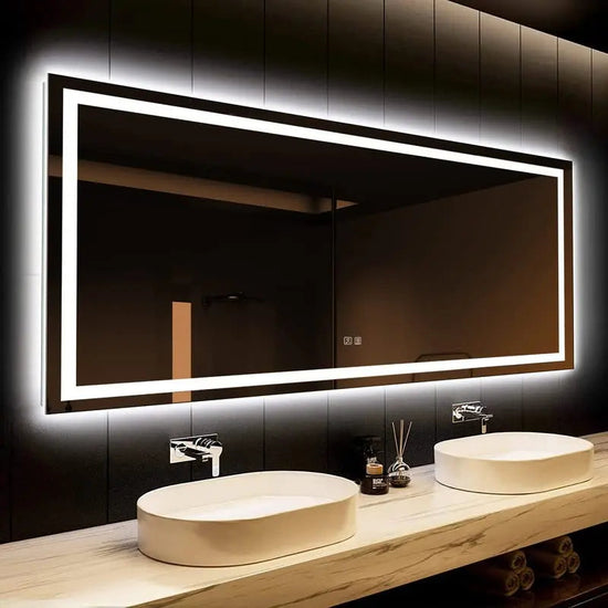 HAUSVITA Deluxe Center Glow LED bathroom mirror with anti-fog feature and touch light, designed for modern bathroom decor.