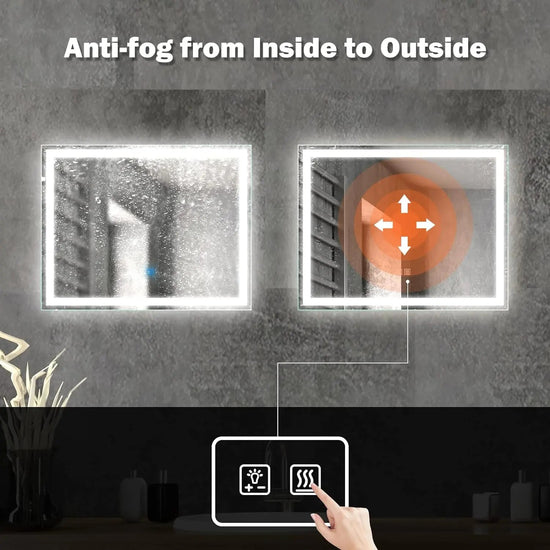 HAUSVITA Deluxe Center Glow LED bathroom mirror with anti-fog touch light, modern design, and bright illumination for bathrooms.