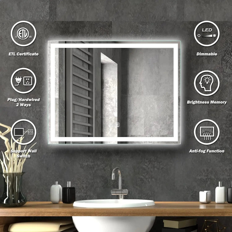 Deluxe Center Glow LED bathroom mirror by HAUSVITA with anti-fog feature and touch light control, reflecting a modern bathroom setting