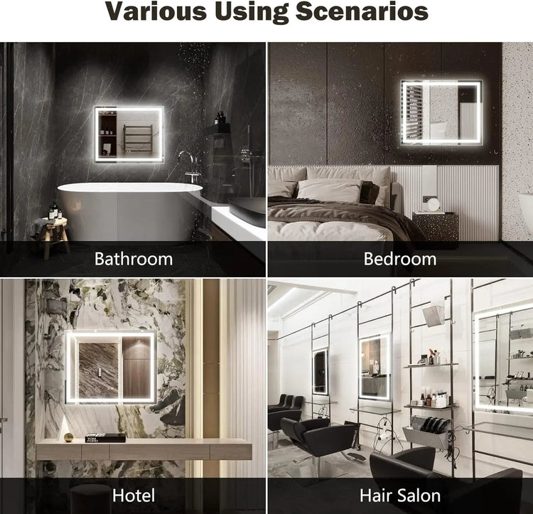 HAUSVITA Deluxe Center Glow LED bathroom mirror with anti-fog feature and touch light, modern and sleek design.