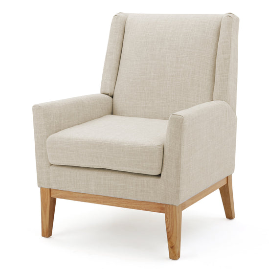 Beige fabric mid-century modern accent chair with padded cushion seat, suitable for home or office seating.
