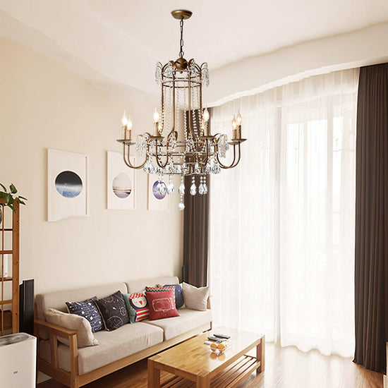 Early American Mooiehome chandelier with 25.2-inch design featuring classic metal framing and decorative candle-style lights.