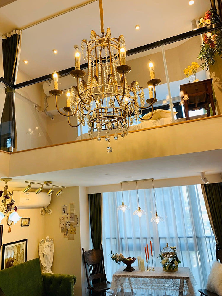 Early American Mooiehome chandelier, 25.2 inches tall, with antique-style metal frame and multiple candle-style light fixtures.