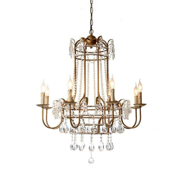 Early American Mooiehome chandelier, 25.2-inch vintage-style hanging light fixture with multiple candle-style bulbs.