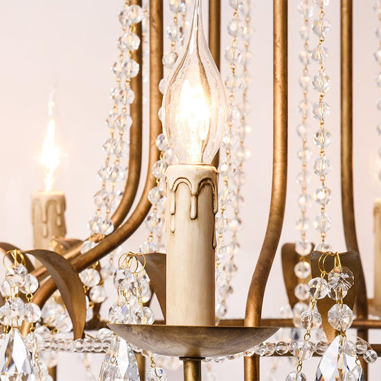 Early American Mooiehome chandelier, 25.2 inches tall with classic design, featuring multiple candle-style light holders and vintage details.