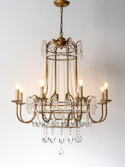 Early American Mooiehome chandelier, 25.2-inch vintage-style hanging light fixture with ornate detailing and multiple candle-style bulbs.