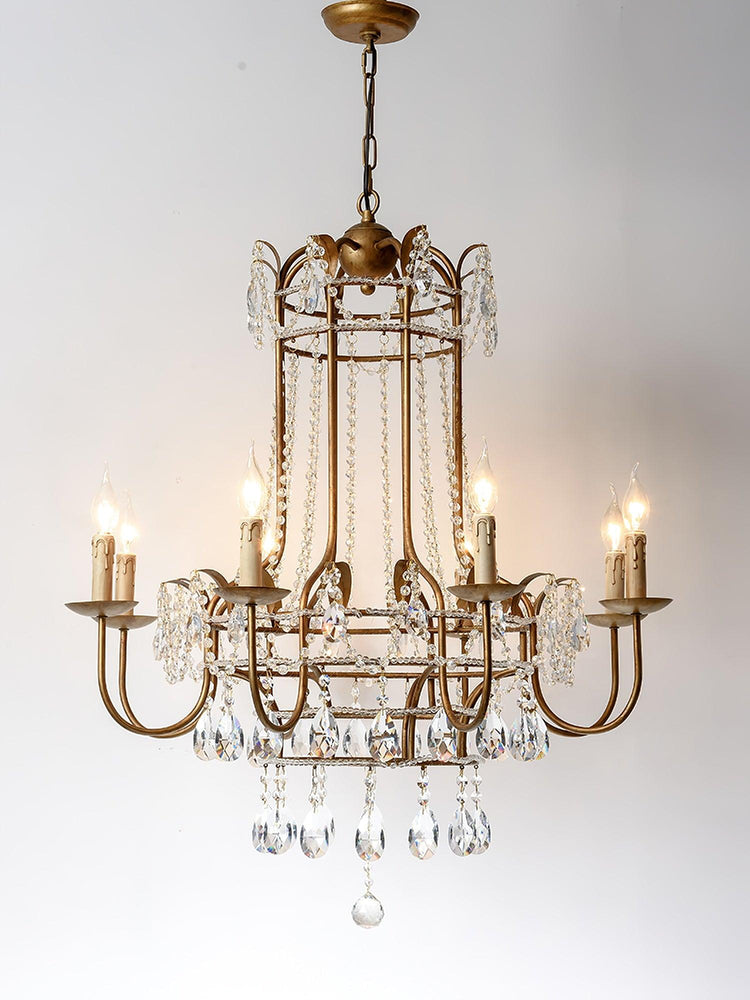 Early American Mooiehome chandelier, 25.2-inch vintage-style hanging light fixture with ornate detailing and multiple candle-style bulbs.