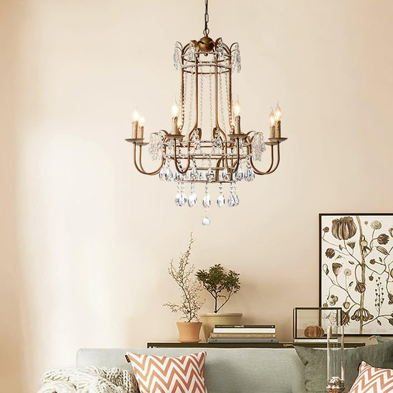 Early American Mooiehome chandelier, 25.2-inch vintage-style lighting fixture with antique brass finish and multiple candle-style bulbs.