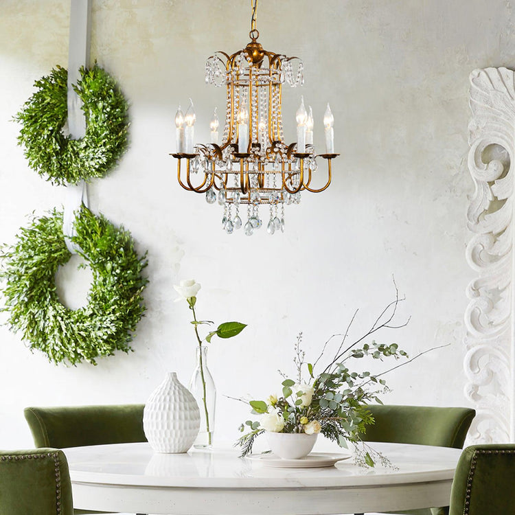 Early American Mooiehome chandelier, 25.2 inches tall with classic design, featuring multiple candle-style lights and ornate metalwork.