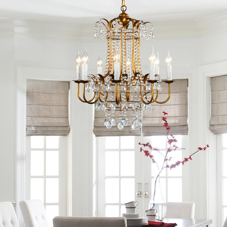 Early American Mooiehome chandelier measuring 25.2 inches with classic design and multiple light fixtures, ornate metal detailing.