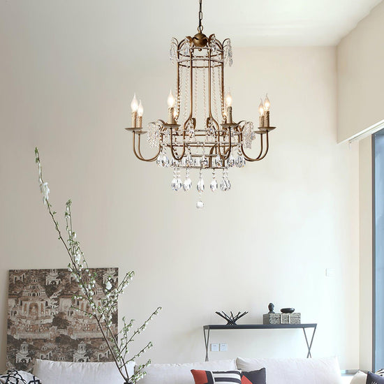 Early American Mooiehome chandelier measuring 25.2 inches with classic design and multiple light bulbs in a vintage style.