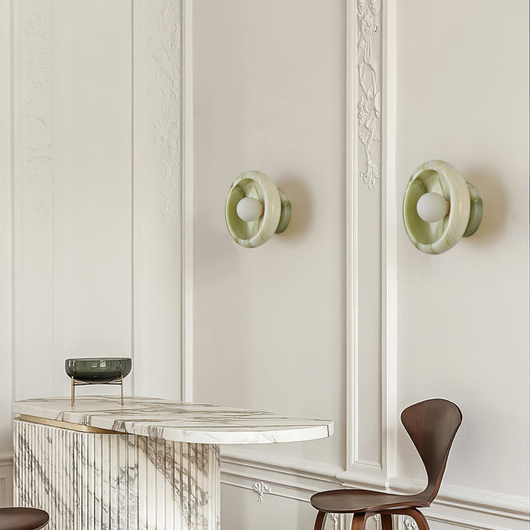 Mooiehome Eclipse Jade 9.8-inch wall sconce with a modern, curved design and jade-colored glass diffuser for ambient lighting.