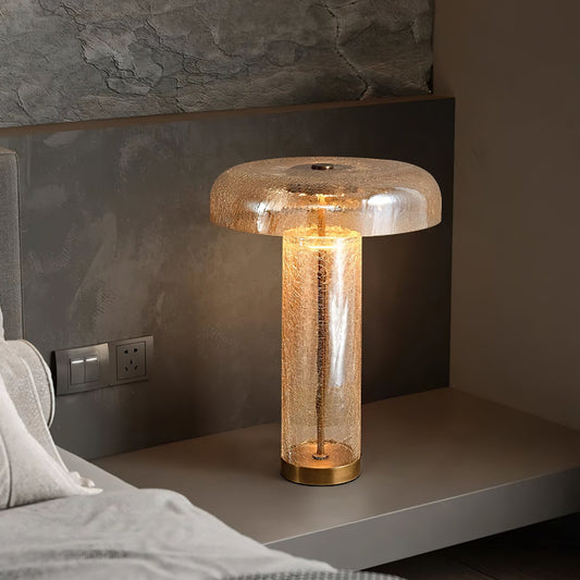 Mooiehome Eira Crackle Table Lamp with textured ceramic base and fabric shade on a wooden side table.