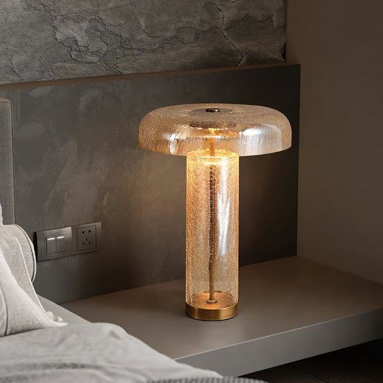 Mooiehome Eira Crackle Table Lamp with textured ceramic base and fabric shade on a wooden side table.
