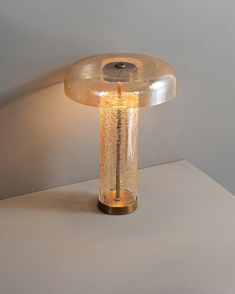 Mooiehome Eira Crackle Table Lamp with textured crackle finish, modern design, and warm lighting on a wooden table.
