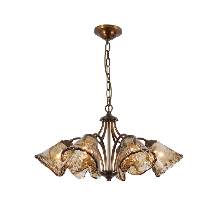 Elegant Elvarin Chandelier by Mooiehome featuring intricate metalwork and multiple glass candle-style lights.