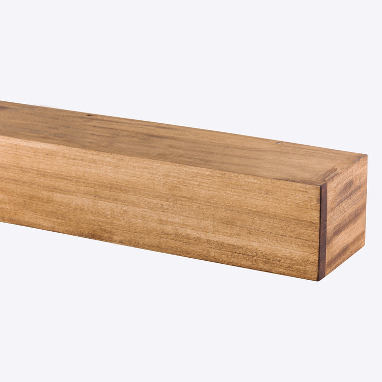 Aged oak farmhouse poplar wood floating fireplace mantel with rustic finish, designed by Dogberrycollections.