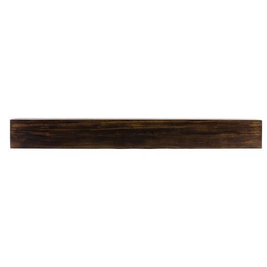 Farmhouse dark chocolate poplar wood floating fireplace mantel by Dogberrycollections displayed on a wall.