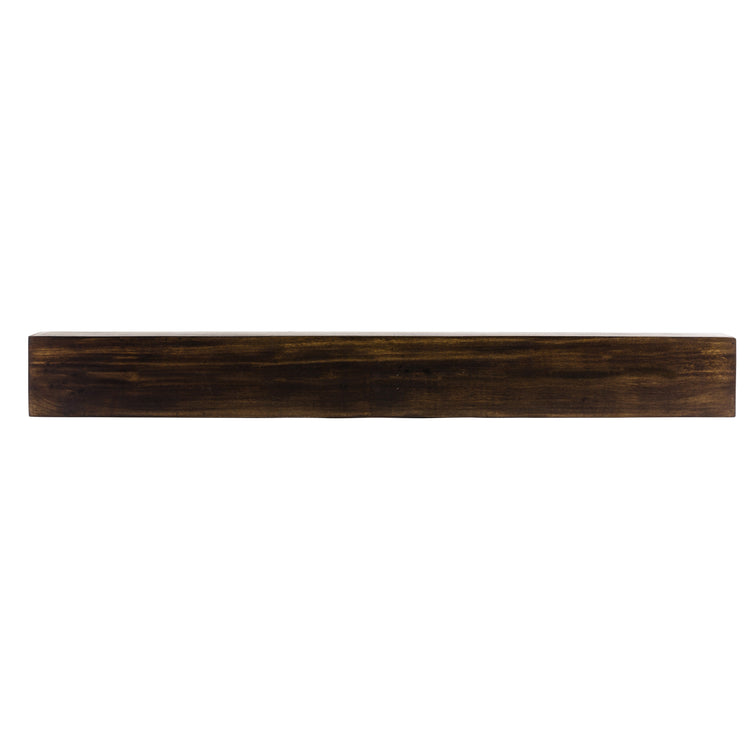 Farmhouse dark chocolate poplar wood floating fireplace mantel by Dogberrycollections displayed on a wall.