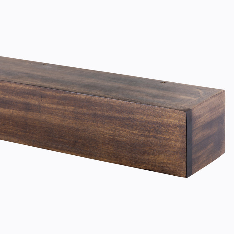 Farmhouse poplar wood floating fireplace mantel in dark chocolate finish, showcasing a rustic and stylish design by Dogberrycollections.
