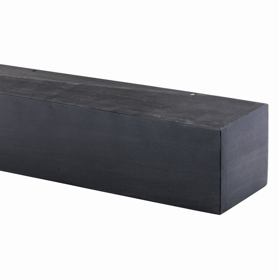 Farmhouse poplar wood floating fireplace mantel in midnight black with a rustic farmhouse design, by Dogberrycollections