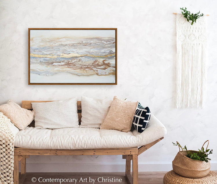 Abstract gold leaf canvas wall art by Christine Bell featuring neutral tones and minimalist design with a floater frame.