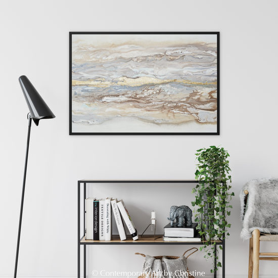 Abstract gold leaf canvas wall art by Christine Bell, featuring minimalist neutral tones and a floating frame for elegant wall decor.