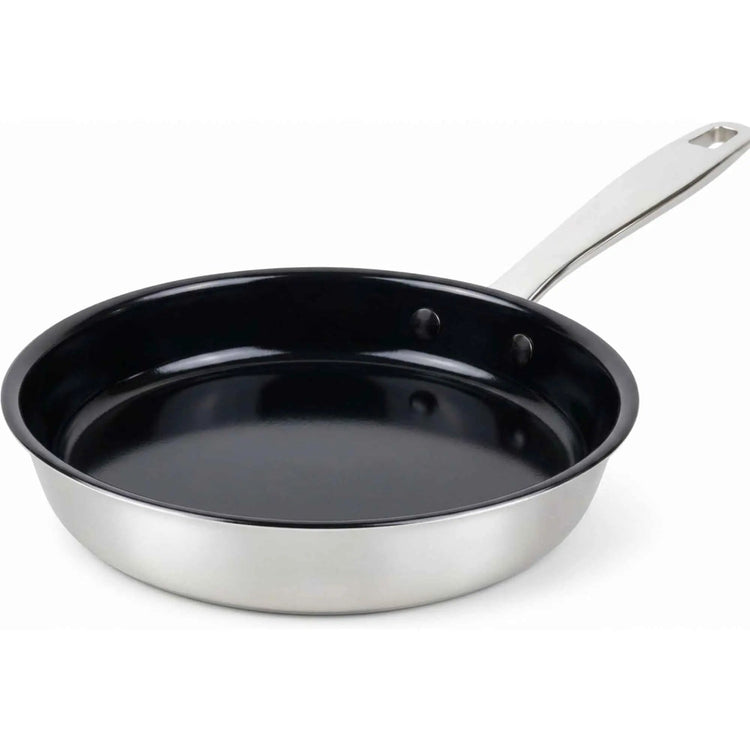 Alva Cookware frying pan with non-stick surface, black handle, shown on stovetop for easy cooking and even heat distribution.