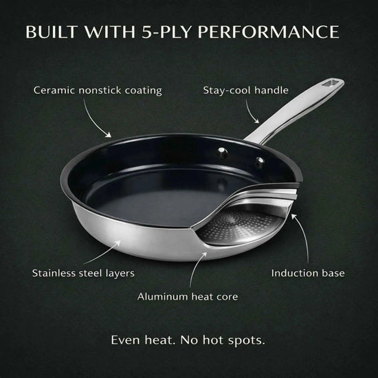 Alva Cookware frying pan with a non-stick surface, black handle, and stainless steel exterior, suitable for all stovetops.