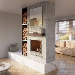 Wooden barn beam fireplace mantel shelf by Dogberrycollections, showing a rustic, sturdy wooden mantel mounted above a fireplace.