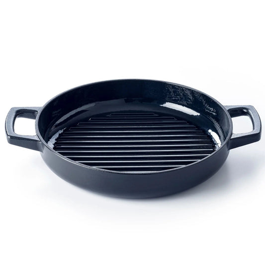 11-inch Alva Cookware grill pan with ridged surface for grilling indoors, black cast iron construction.