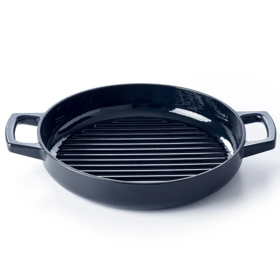 11-inch Alva Cookware grill pan with ridged surface for grilling indoors, black cast iron construction.