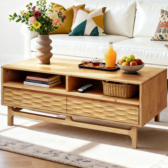 Acacia Elara wooden coffee table by Megsu with rectangular design, drawers, and shelf for stylish living room storage.