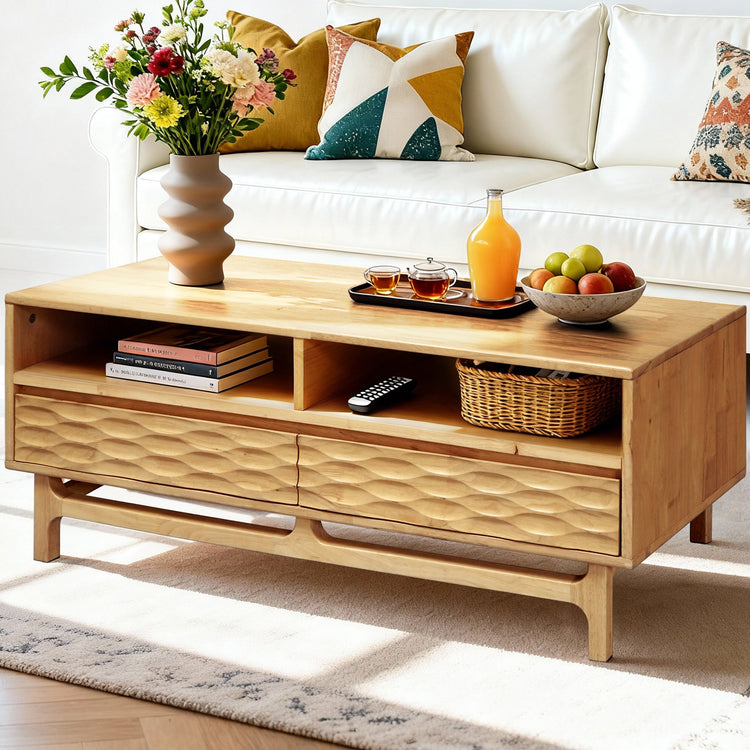 Acacia Elara wooden coffee table by Megsu with rectangular design, drawers, and shelf for stylish living room storage.