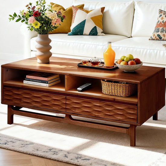 Acacia Elara wooden coffee table by Megsu with rectangular shape, drawers, and lower shelf for living room decor.