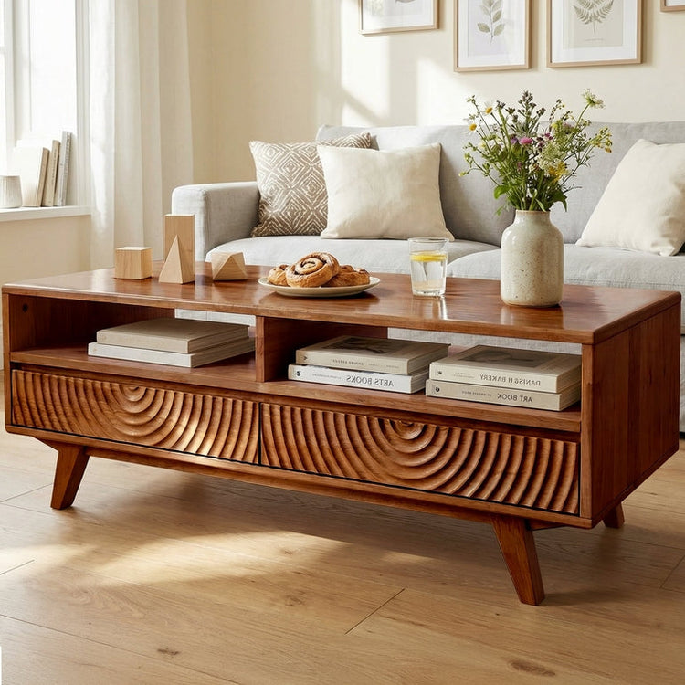 Walnut Acacia Harmony wooden coffee table by Megsu featuring drawers and open shelf for stylish storage.