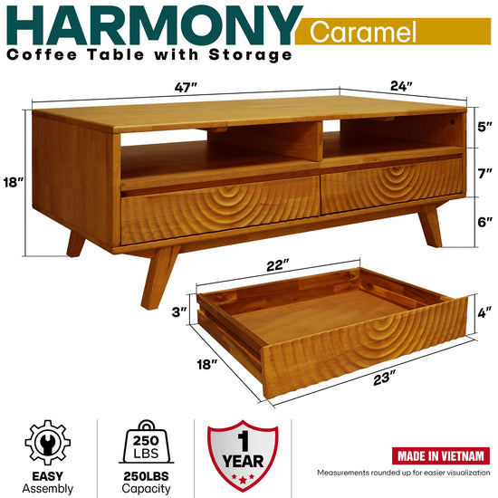 Caramel Acacia Harmony wooden coffee table by Megsu with drawers and open shelf, showcasing a stylish storage solution for living rooms.