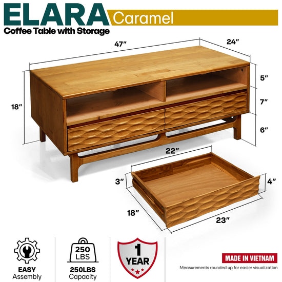 Acacia Elara wooden coffee table by Megsu with rectangular shape, drawers, and shelf for living room decor.