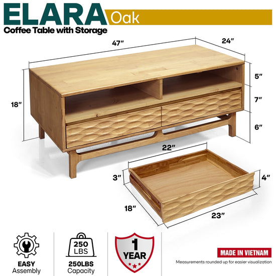 Acacia Elara wooden coffee table by Megsu featuring a 47.2-inch rectangular design with drawers and a shelf for storage.