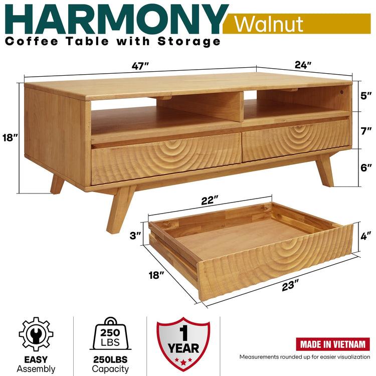 Natural oak Megsu Acacia Harmony wooden coffee table with storage drawers and open shelf, showcasing a modern design.