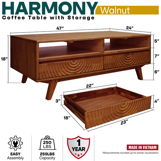 Wooden Acacia Harmony coffee table by Megsu with storage drawers and open shelf, featuring a walnut finish.