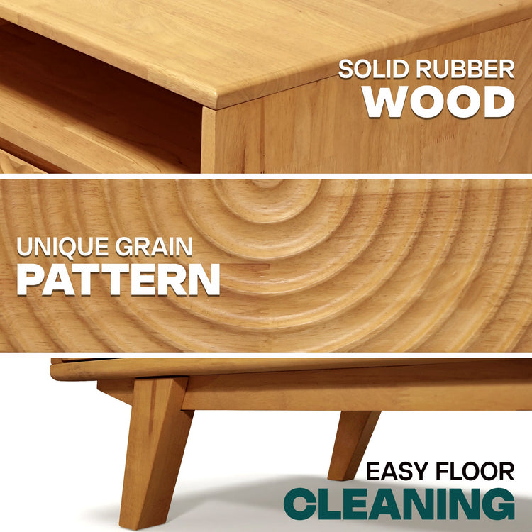 Natural oak Megsu Acacia Harmony wooden coffee table with storage drawers and open shelf, showcasing a stylish and functional design.