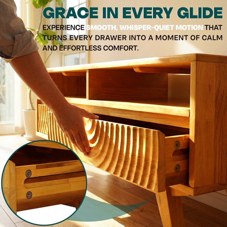 Caramel-colored Acacia Harmony wooden coffee table by Megsu with drawers and open shelf for stylish storage.